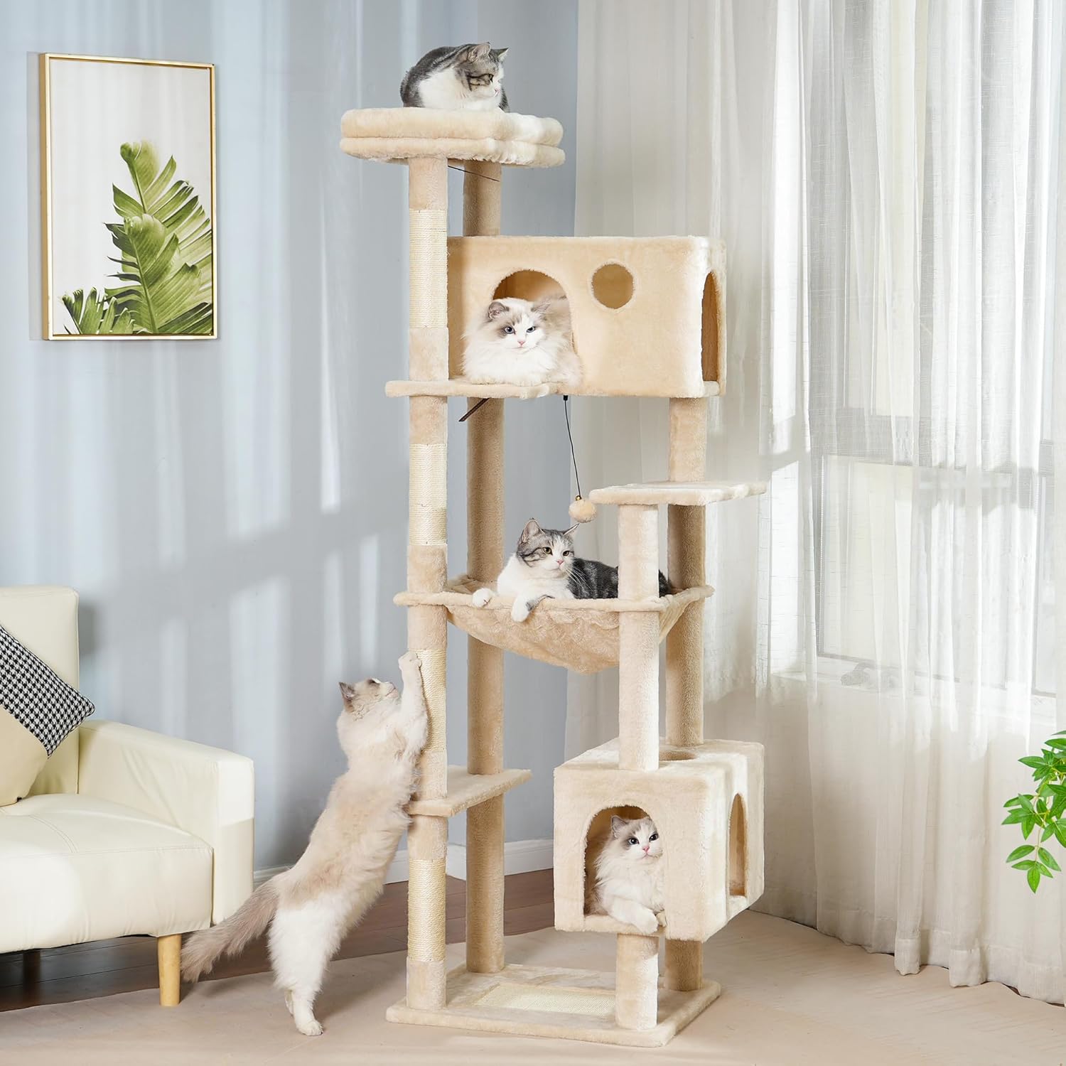 72” Cat Tree for Large Cats Big Cat Tower with Enlarged Hammock 21.6x17.7” Spacious Cats Condo House, Roomy Top Bed,Multiple Scratch Posts and Pad for Indoor Adult Cats (Beige, XLarge-72)