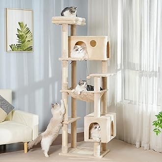 72” Cat Tree for Large Cats Big Cat Tower with Enlarged Hammock 21.6x17.7” Spacious Cats Condo House, Roomy Top Bed,Multiple Scratch Posts and Pad for Indoor Adult Cats (Beige, XLarge-72)