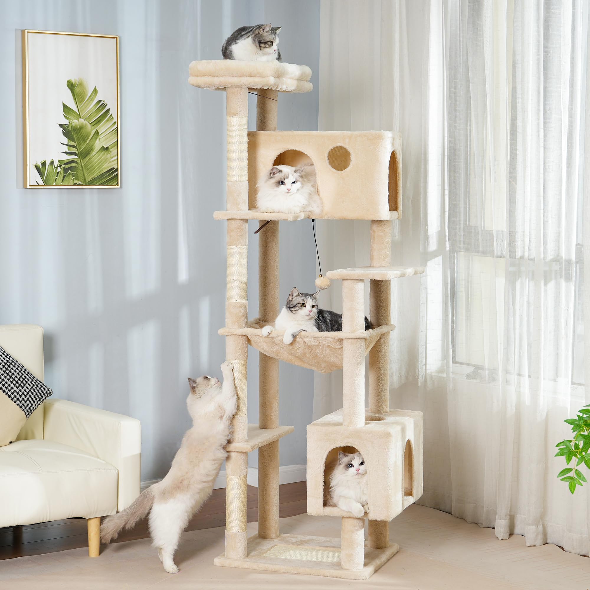 72” Cat Tree for Large Cats Big Cat Tower with Enlarged Hammock 21.6x17.7” Spacious Cats Condo House, Roomy Top Bed,Multiple Scratch Posts and Pad for Indoor Adult Cats (Beige, XLarge-72)