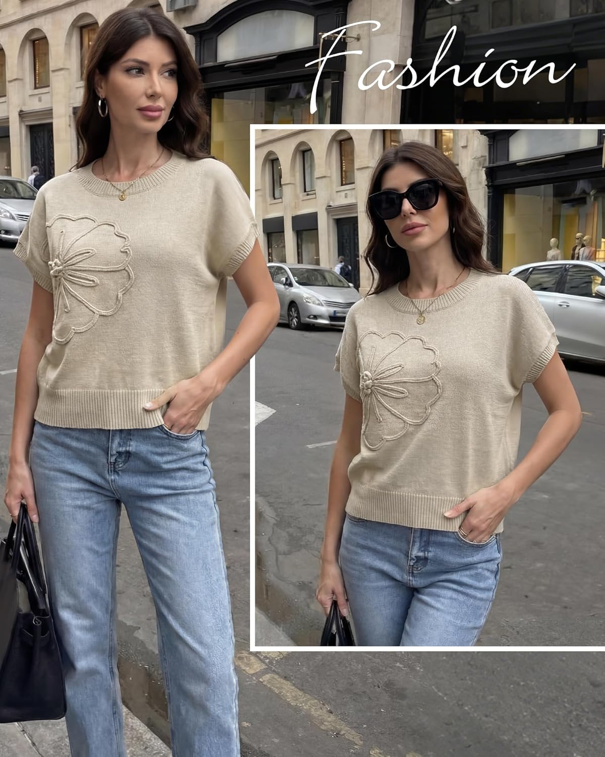 Cuffbow Women Knit Sweater Short Sleeve Ribbed Vest Loose Fit Crew Neck Knit Shirt Floral Pullover Casual Cap Sleeve Top - Image 6