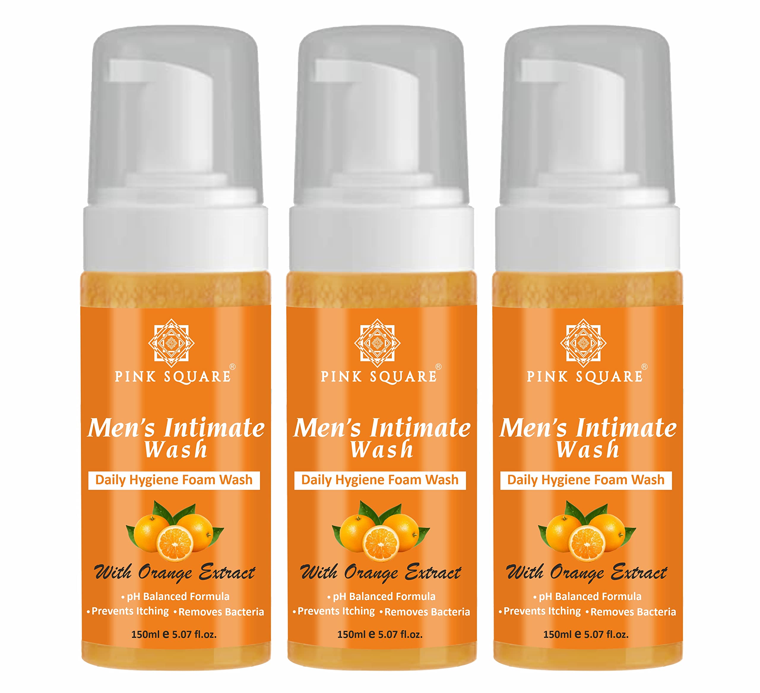 Pink Square Natural Men's Intimate Wash with Orange Extract Maintain PH Balance Intimate Daily Care| Better Private Parts Hygiene Body Wash Anti-Bacterial Pack of 3 of 150 ML (450 ML)