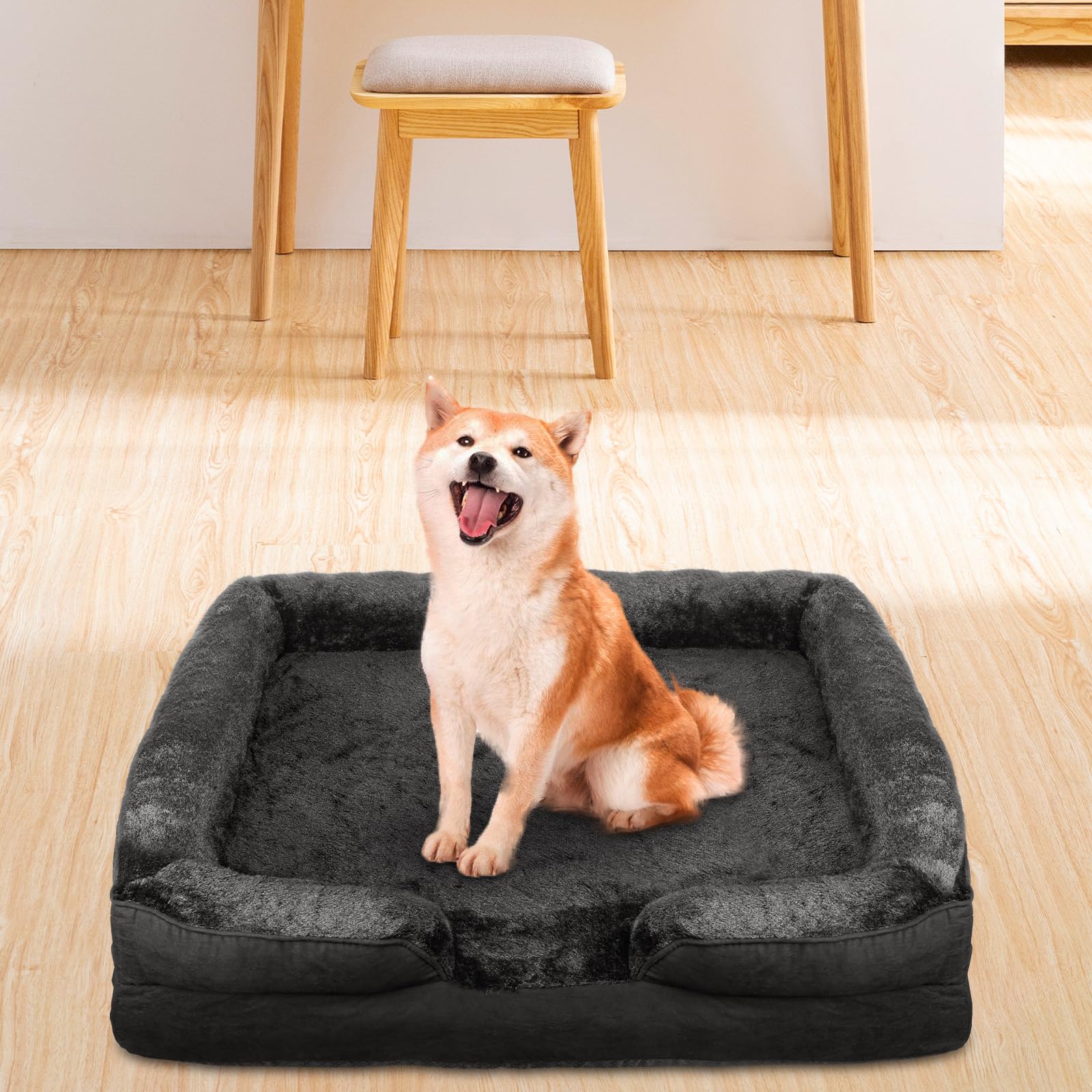 Cesta de perro de gran tamaño, cojín desenfundable, cama para perro, funda extraíble y lavable a máquina, fondo antideslizante, 106 x 80 x 20 cm (Negro)