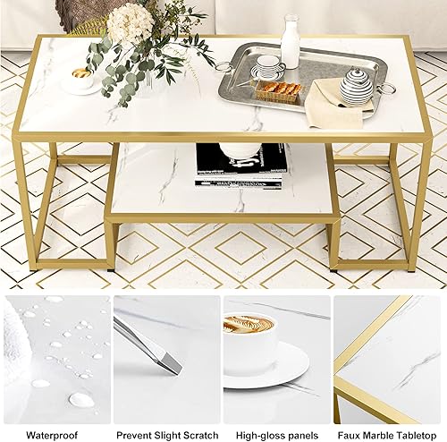 Miniatura 6 de Mesa de centro moderna de mármol con marco de metal dorado y estante de almacenamiento, mesa central de sala de estar de 2 niveles para decoración