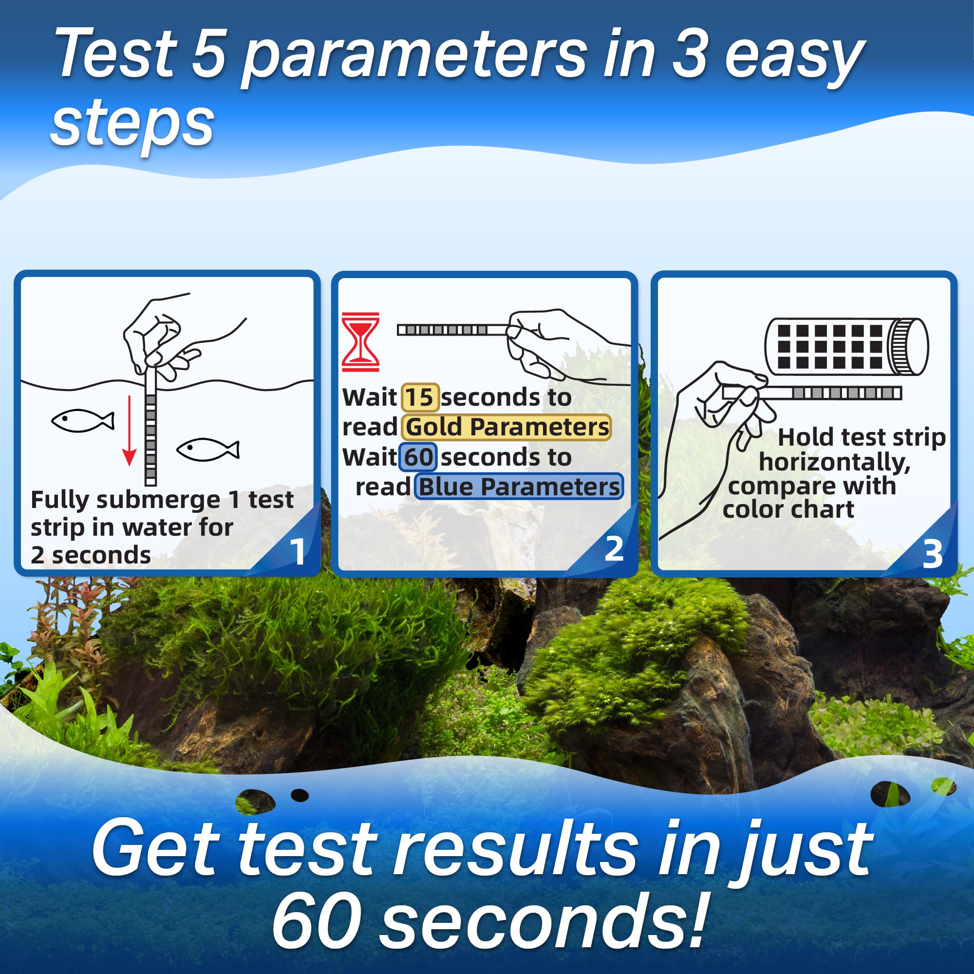 5 in 1 Aquarium Test Strips Kit for Freshwater & Saltwater - Water Fish Tank Tester for pH, Carbonate, General Hardness, Nitrite & Nitrate - 100 Count - image 3