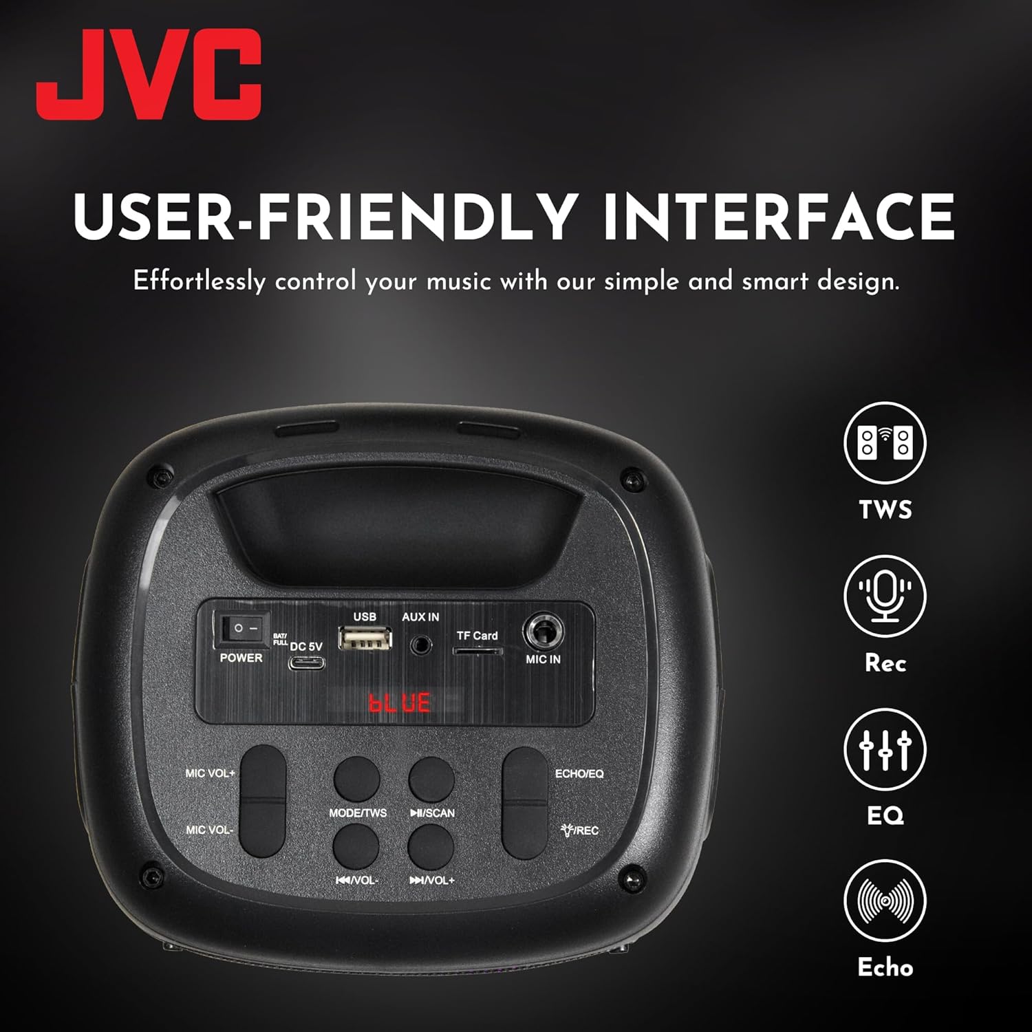 JVC XS-N1123PB speaker with a battery icon indicating its long-lasting dual battery system