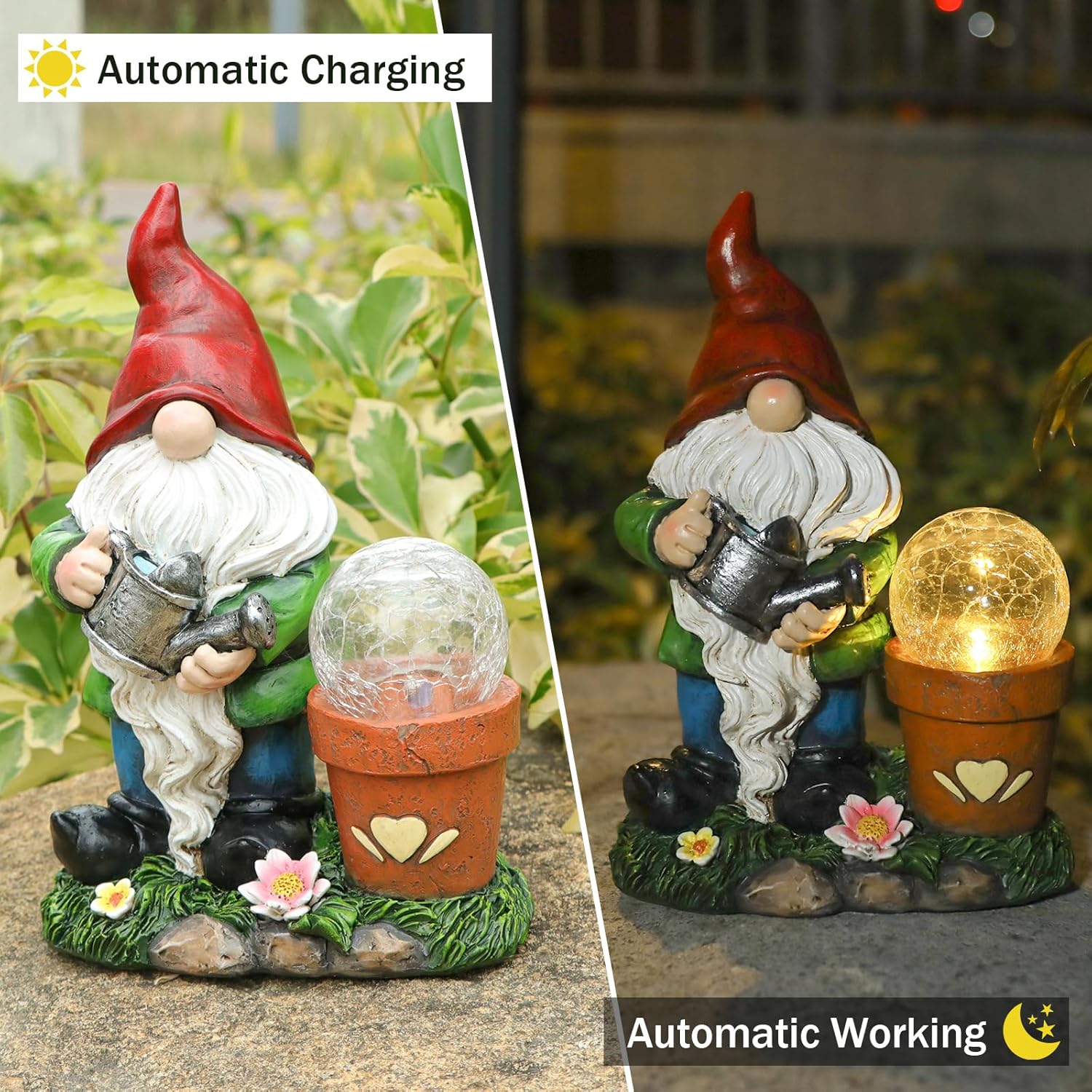 Garden Gnome Statue, Resin Pots with Crack Ball Gnome Figurine with Solar Lights for Porch Patio Yard Outdoor Decor