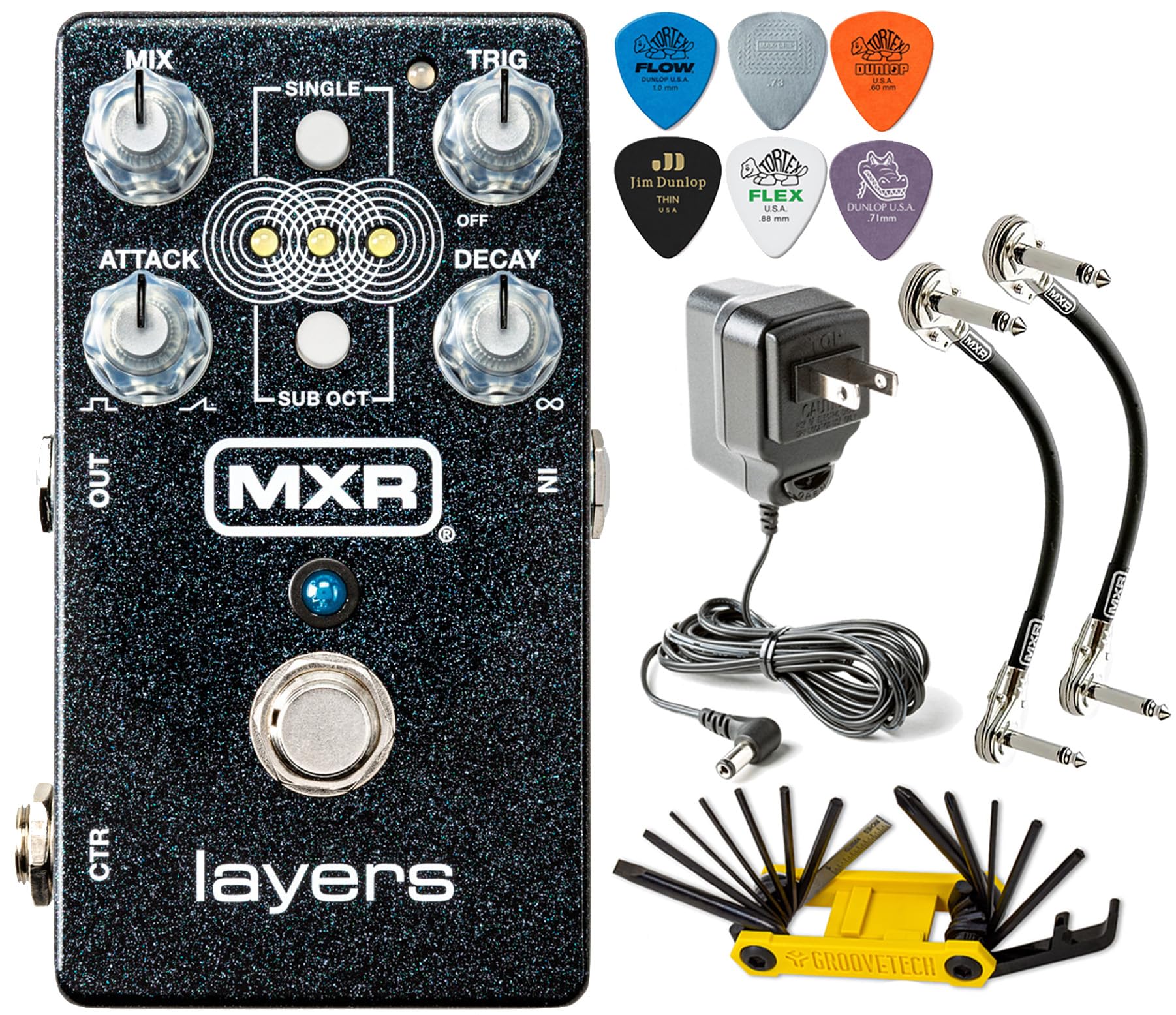 MXR M307 Layers Harmonic Sustain Electric Guitar Effects Pedal with Tonebird Bundle with MXR Patch Cables, Groovetech Multi-Tool, Dunlop Picks and ECB003 9V Power Supply : Musical Instruments