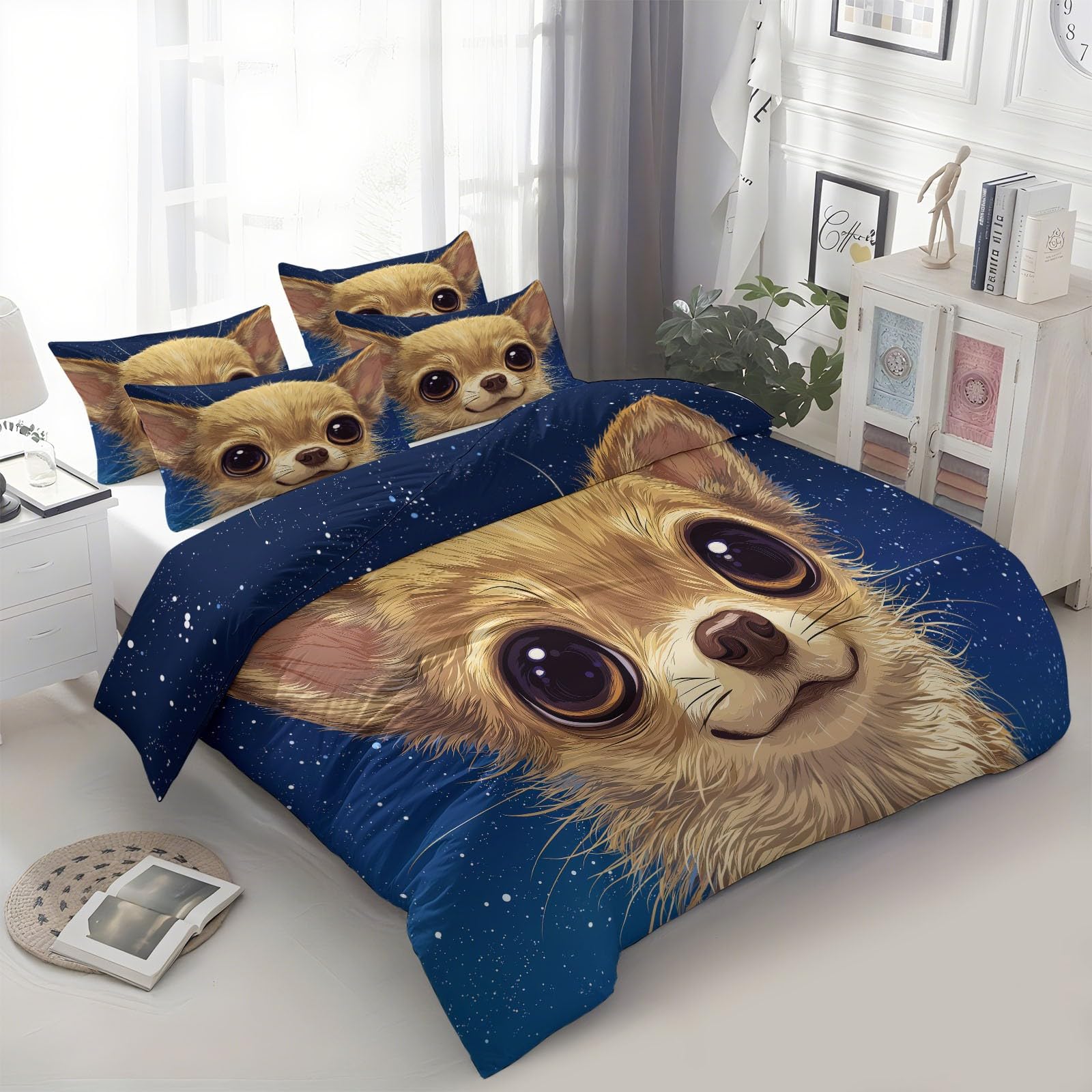 Zestaw poszewek na kołdrę w stylu anime, rozmiar super king-size, 260 x 220 cm, szczotkowana mikrofibra, miękkie poszewki na kołdrę z narożnymi wiązaniami – zwierzę pies, całoroczna pościel, dekoracja