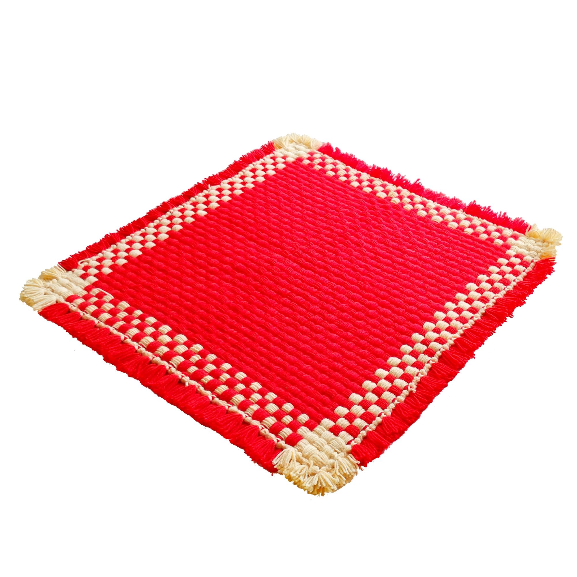 CRM TRADERS Woolen Puja Aasan Mat for Prayers - Handmade Decorative Pooja Mat 21 x 22 inch - (Red and Ghiya)-picture-19