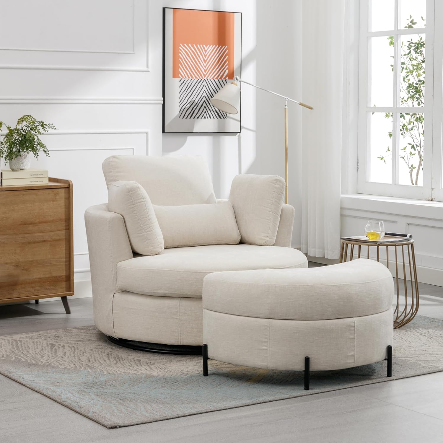 Oversized Swivel Accent Barrel Chair with Storage Ottoman+Pillows, Comfy Chaise Lounge Big Round Cuddler Reading Chair for Living Room Bedroom(Chenille Beige with Ottoman)