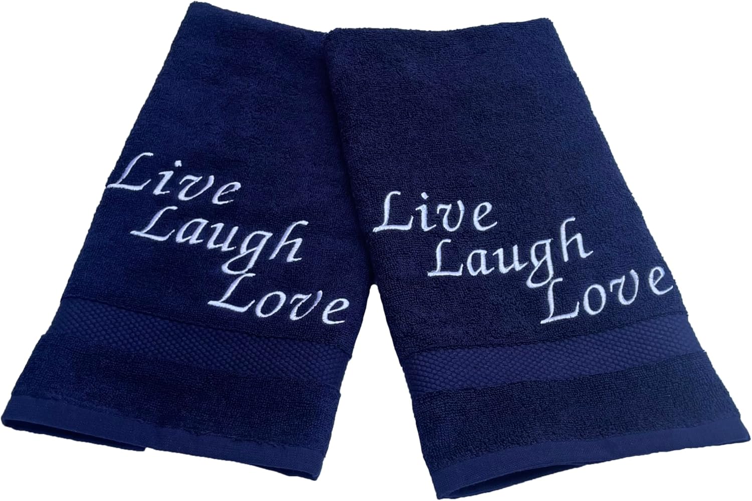 Embroidered Hand Towels with Inspirational Message. Live, Laugh, Love. (Set of 2) for Bathroom, Kitchen or Spa. (Cotton, Navy Blue)