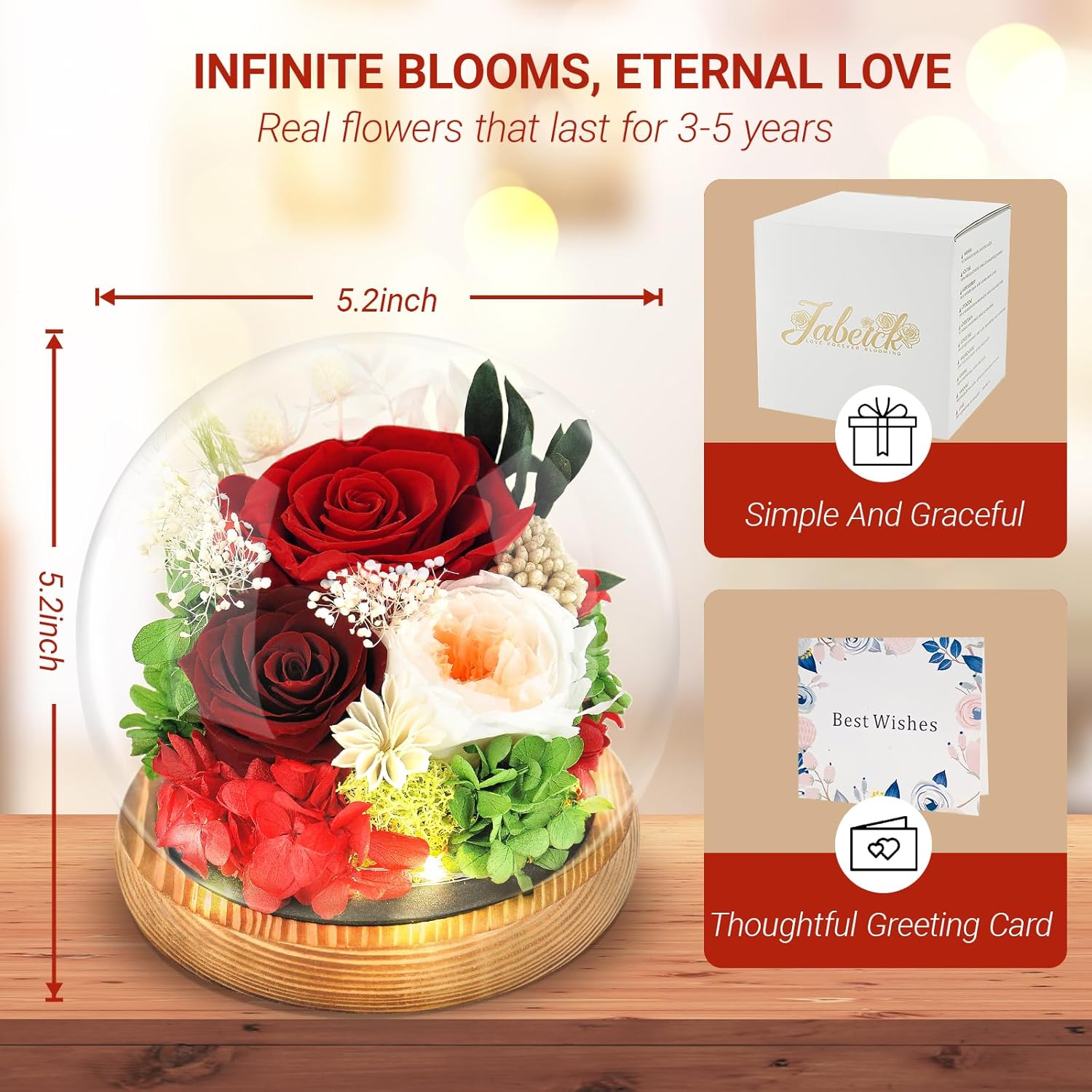Preserved Flowers Roses in Glass Dome, Forever Flowers for Delivery Prime, Eternal Rose Long Lasting Flowers Gifts for Women Mom Wife Grandma Friends(Red) - Image 5