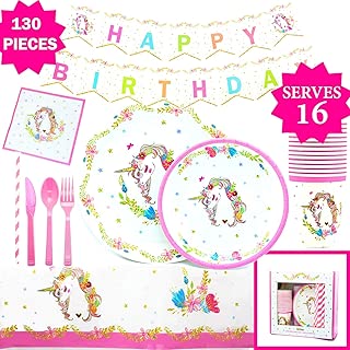 Gold Orongo Unicorn Birthday Party Supplies Beautiful Happy Pack for Girls -Serves 16 - Magical Day for Your Little Princess | Complete Disposable Set (130 Item kit) + Unlimited Cupcakes - coolthings.us