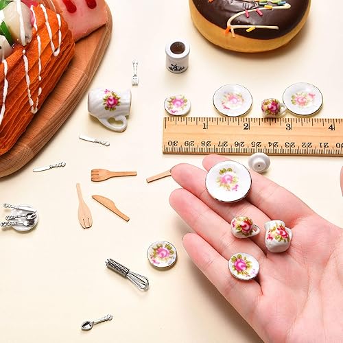 Miniatura 4 de 37 piezas a escala 112, accesorios de cocina en miniatura para casa de muñecas, incluye 16 mini platos para muñecas, cuchillo, cuchara tenedor, 6