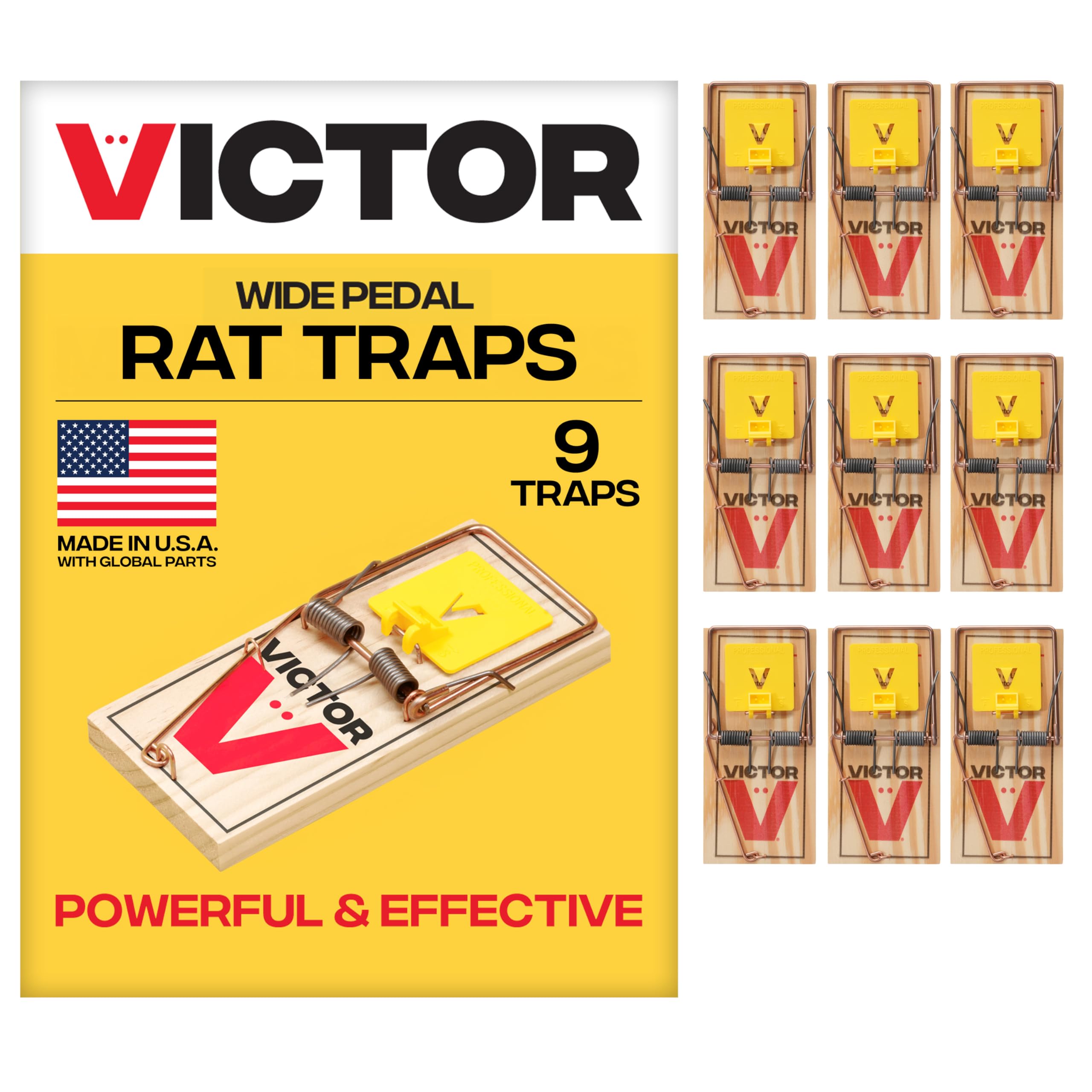 Victor M205-9 Wide Plastic Pedal Sustainably Sourced FSC Wood Humane Snap Rat Traps - 9 Wooden Traps
