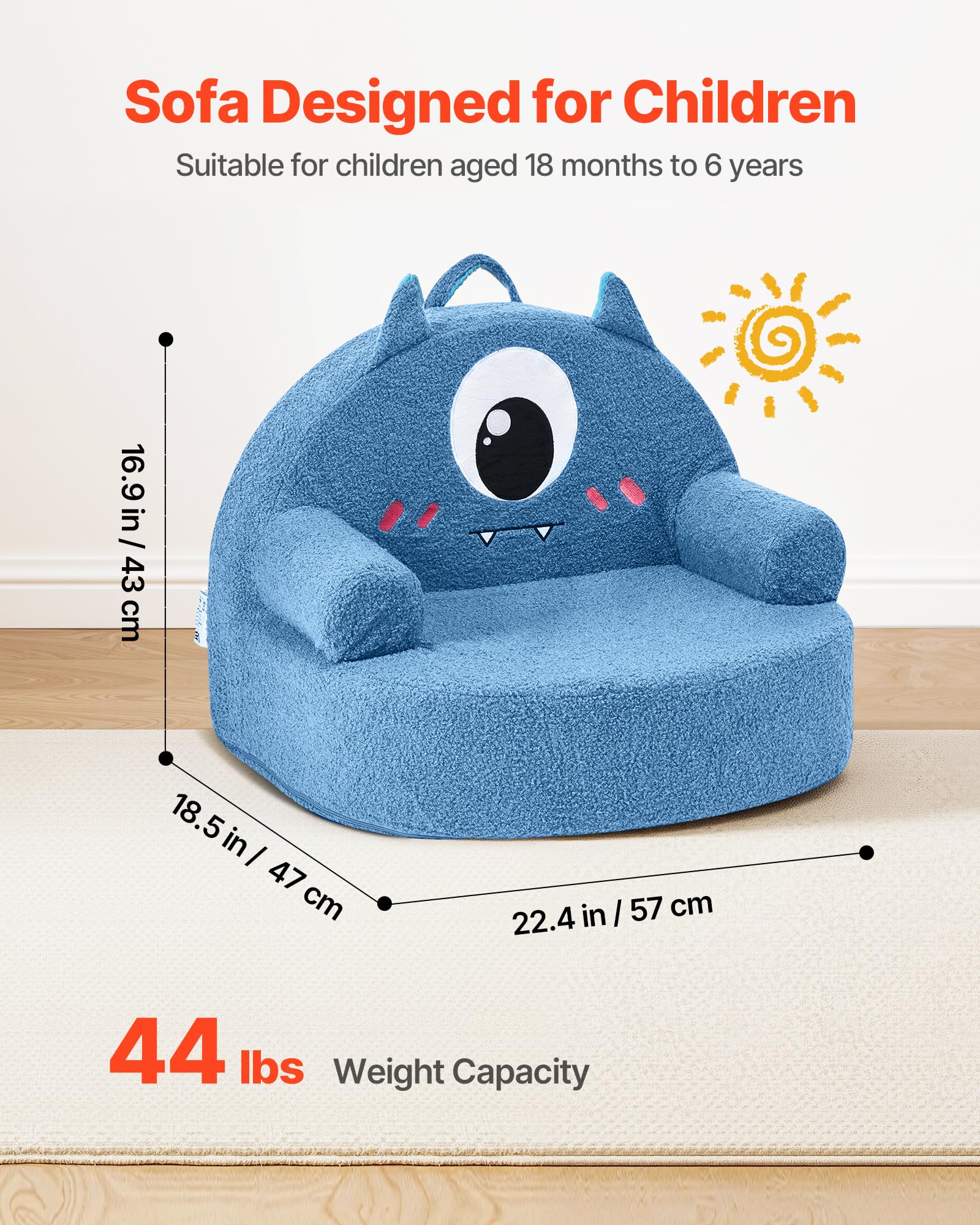 VEVOR Divano per Bambini, Poltrona in Schiuma Stile Mostro con Braccioli, Sedia per Bambini Mobile e Lavabile, in Spugna 28D e Peluche per Sala Giochi, Camera da Letto, Soggiorno, Blu