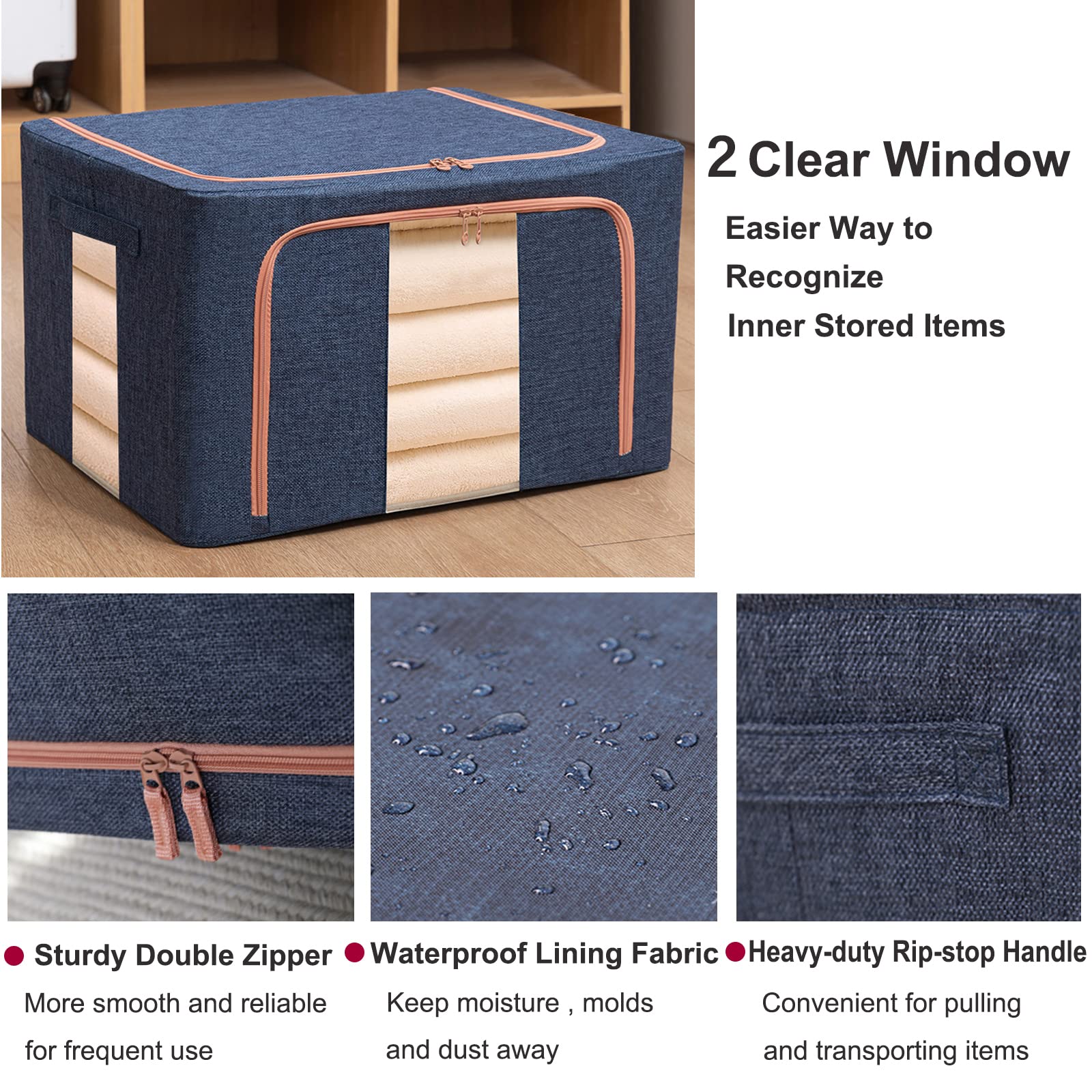 2 Stück Stapelbare Aufbewahrungsbeutel mit Metallrahmen Faltbar zum Halten der Form, Reißverschluss, Griffe, transparentes Fenster, Aufbewahrungsbox für Decke, Pullover, Kissen, Kleidung