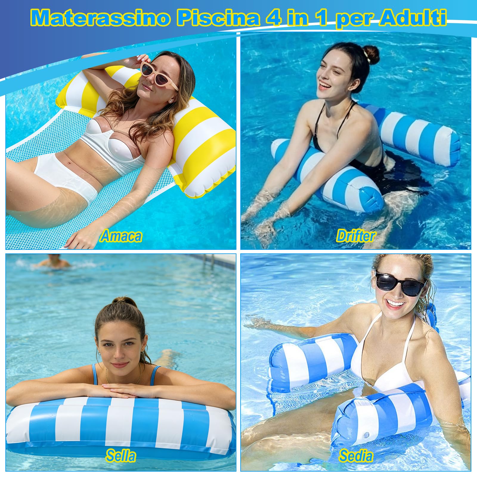 GOLDGE 2 Pezzi Materassino Mare, 4 in 1 Multiuso Piscina Gonfiabile, Amaca Galleggiante Gonfiabile per Adulti da Spiaggia e Piscina (Blu e Giallo)