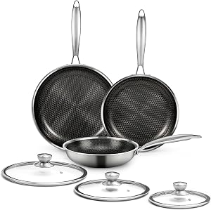 6 Pieces Stainless Steel Frying Pan Set with Lids, Honeycomb Nonstick Frying Pan Set 3 Pcs,Induction Skillet Set Egg Omelette Frying Pan Set W/Lid, Induction Compatible, PFOA Free