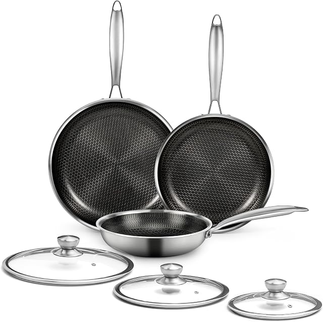 6 Pieces Stainless Steel Frying Pan Set with Lids, Honeycomb Nonstick Frying Pan Set 3 Pcs,Induction Skillet Set Egg Omelette Frying Pan Set W/Lid, Induction Compatible, PFOA Free