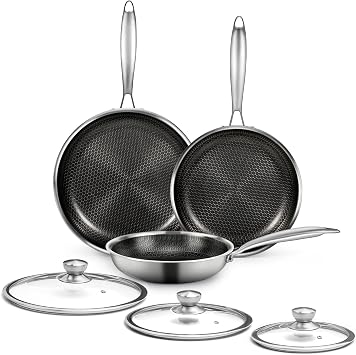 6 Pieces Stainless Steel Frying Pan Set with Lids8"+9.5"+11" | Honeycomb Nonstick Frying Pan Set, Induction & Oven Safe, Stay-Cool Handles, Compatible with All Cooktops, PFOA Free