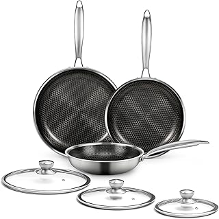 6-Piece Stainless Steel Frying Pan Set with Lids, Honeycomb Nonstick, Induction Compatible, PFOA Free