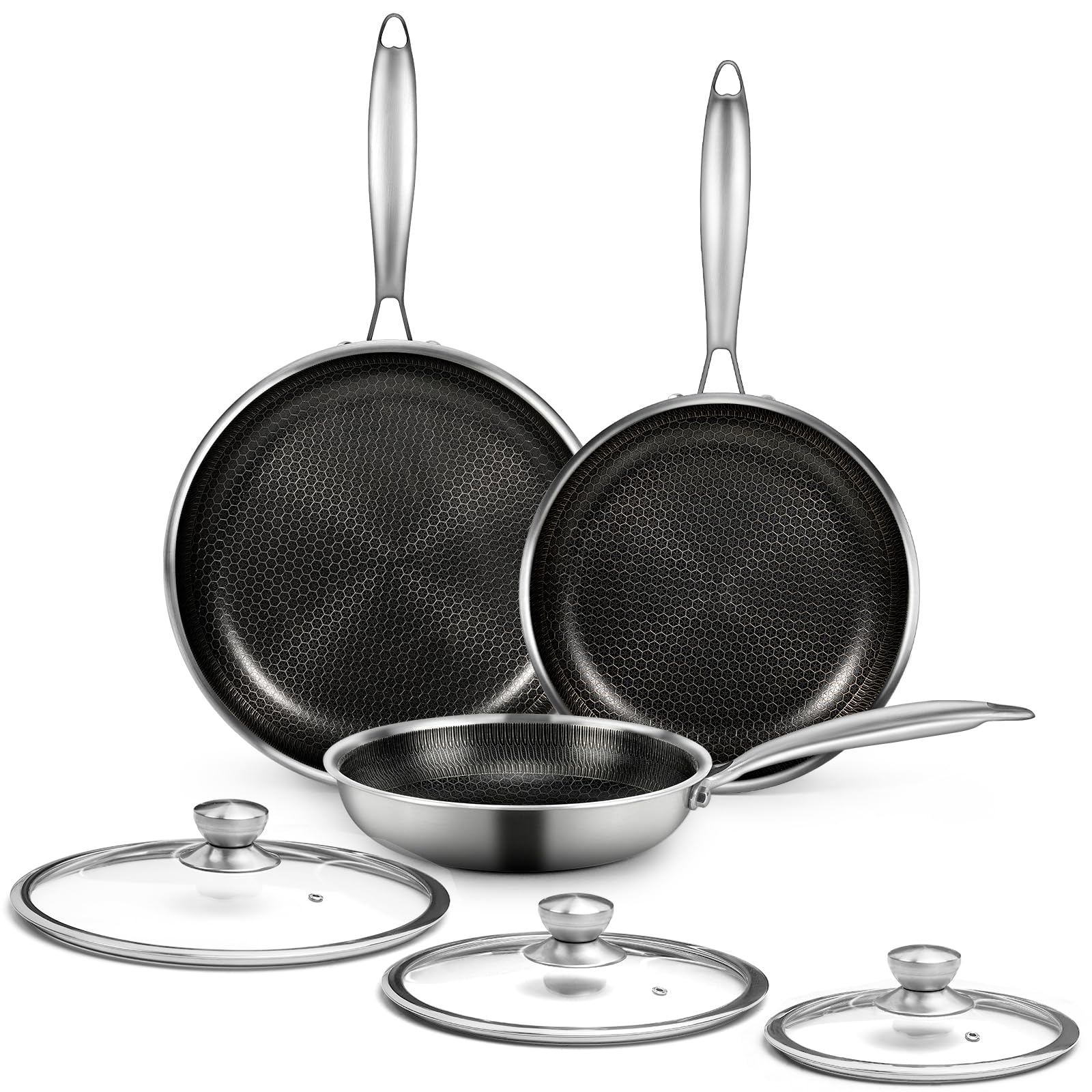 6 Pieces Stainless Steel Frying Pan Set with Lids, Honeycomb Nonstick Frying Pan Set 3 Pcs,Induction Skillet Set Egg Omelette Frying Pan Sets W/Lid, Induction Compatible, PFOA Free