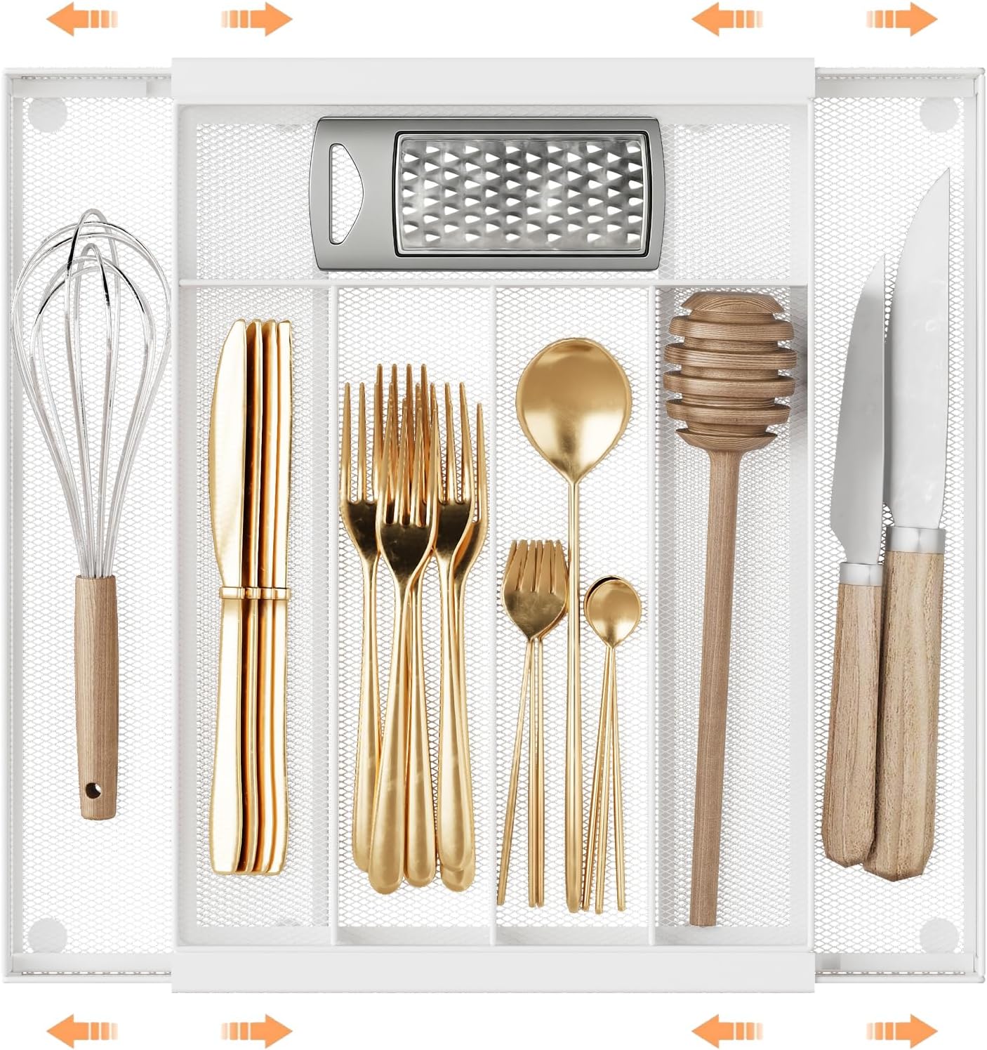 Sedegn Silverware Organizer Metal Mesh, Drawer Organizer, Utensil Cutlery Tray for kitchen drawers,Expandable Flatware Organizer with 7 Compartment White 9.6"~16.1" x 13.8"