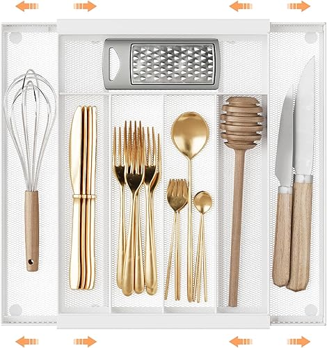 Miniatura 10 de Organizador de Cubiertos de Malla Metálica, Organizador de Cajón Grande, Bandeja de Utensilios y Cubiertos para Cajones de Cocina, Organizador de