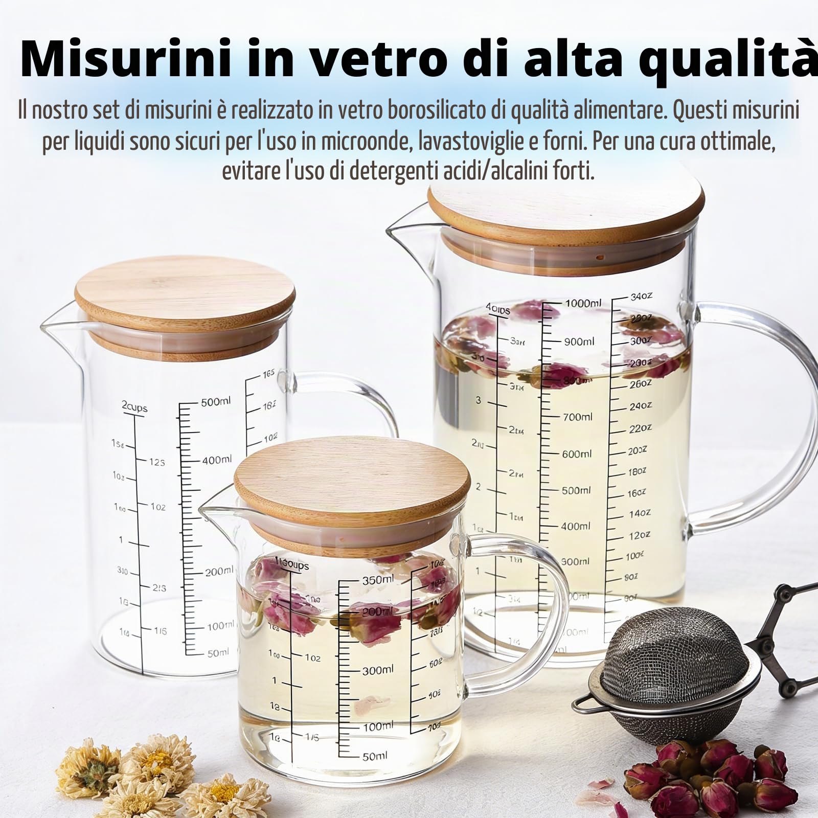 Set di 3 misurini in vetro con coperchio, maniglia, 350 ml, 500 ml, 1000 ml, tazze in vetro borosilicato, resistenti al calore con scala precisa per cucina e cottura