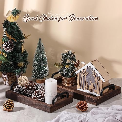 Miniatura 6 de Lallisa 4 bandejas de madera rústica para servir con asa, bandejas vintage para servir alimentos, plato de madera de granja, tabla de madera para