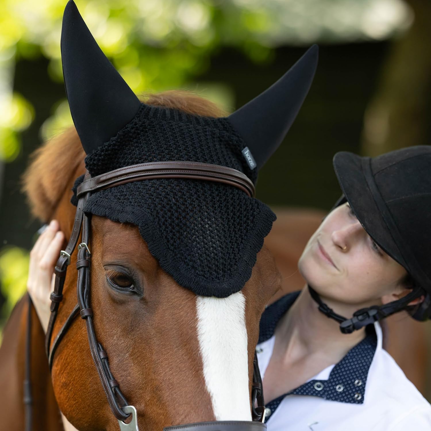HORZE Supreme Silent Crochet Ear Bonnet - Sound Dampening Fly Protection for Sensitive Horses - Black - Horse