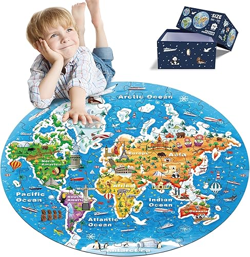 Rompecabezas redondo de mapa del mundo, rompecabezas de suelo geográfico para niños, rompecabezas grande de 70 piezas para niños de 3 a 5 años,