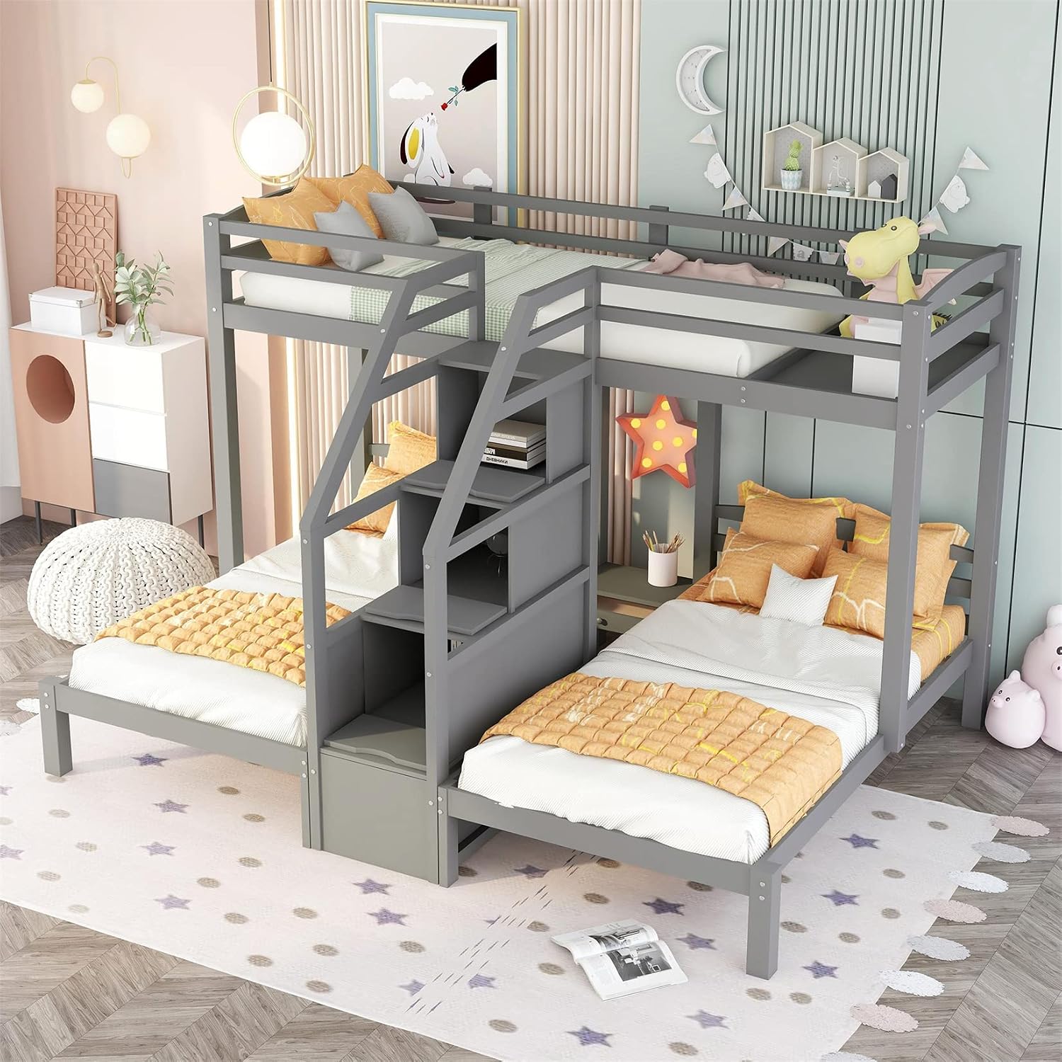 Bellemave Triple Bunk Beds with Stairs Wood Twin Over Two Twin Bunk Bed with Storage Drawers & Shelves L-Shape 3 Beds Bunked for Three Kids Boys Girls Teens & Pre-Teen, Gray