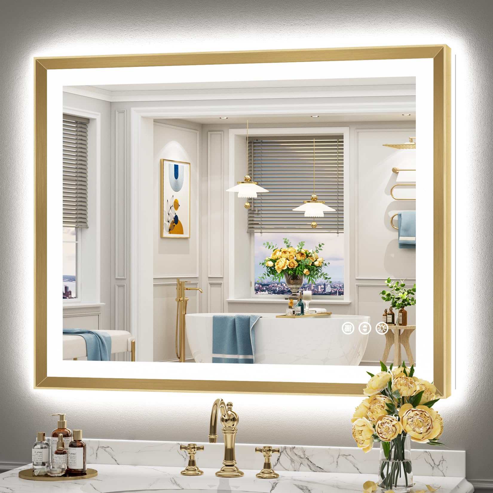 40x32 Gold Beveled LED Lighted Bathroom Mirror, Backlit &amp; Front Lit