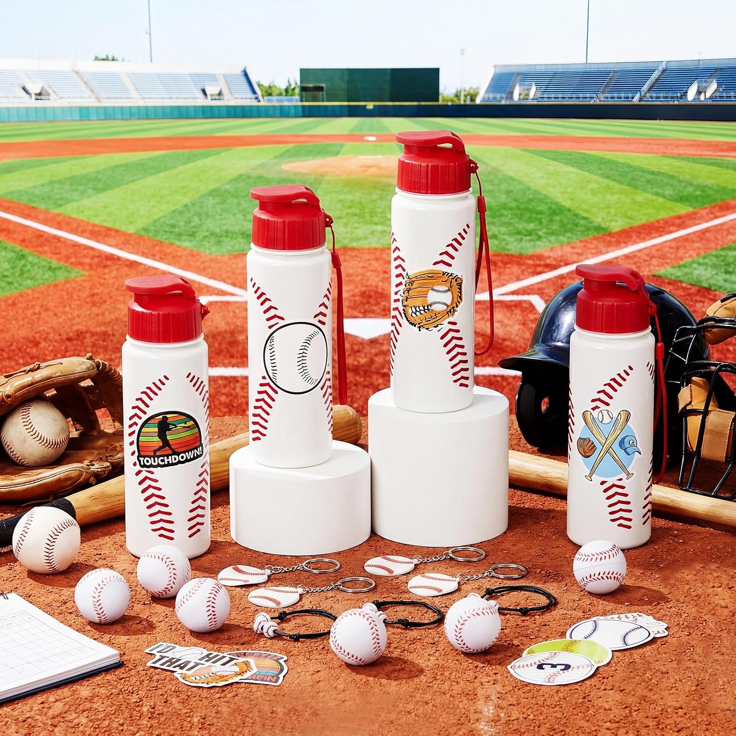 LemonRoad 164 Pcs Sports Party Favors Set 16 Plastic Cups 16 Charm Bracelets 16 Keychains 16 Mini Foam Stress Balls 100 Stickers for Sports Party Supplies (Baseball)