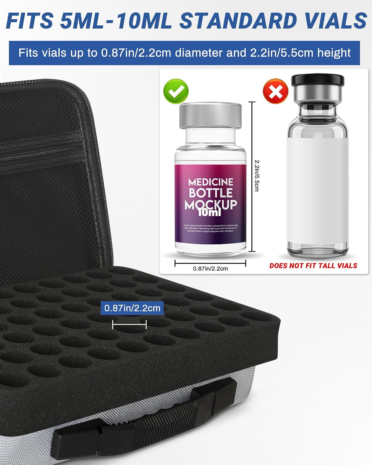 60 Slots 10ml Peptide Case, BAC Water and Insulin Vial Holder, Peptide Storage Case for Fridge and Travel, Fits 5ml 10ml Standard Vials, Diabetic Supplies (Case Only)
