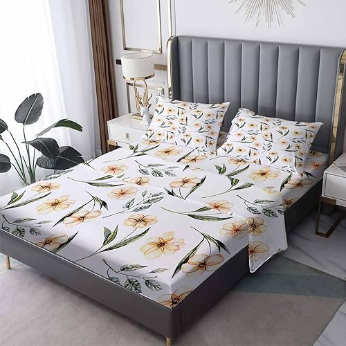 Miniatura 8 de Sábanas de plantas tamaño King, sábanas botánicas de hojas, sábanas y fundas de almohada estampadas de 4 piezas, sábana bajera ajustable de