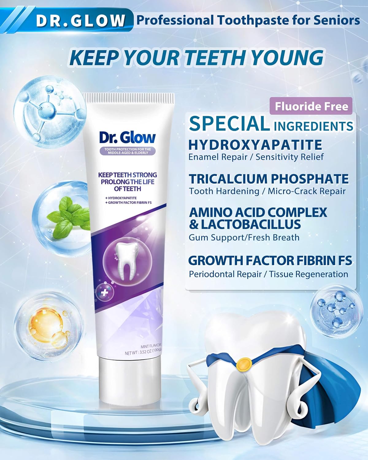 Dr. Glow Gingivitis Treatment Toothpaste for Elderly & Mid-Aged, Gum Repair for Receding Gums Hydroxyapatite Toothpaste, Periodontal Disease Treatment for Seniors, Fluoride Free Gum Disease Treatment image 4