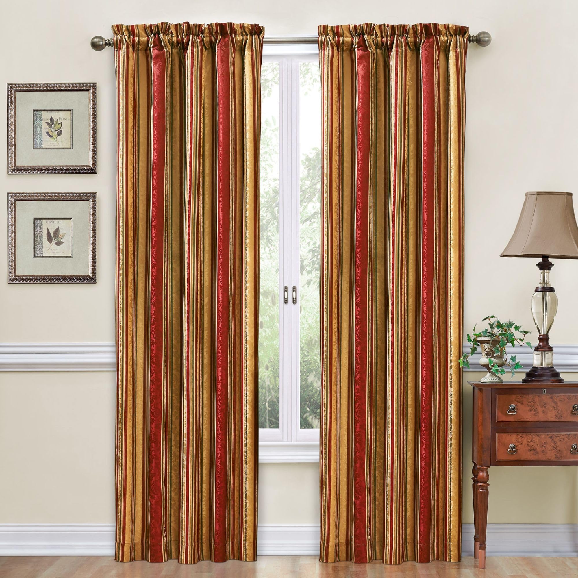 Waverly Traditions Stripe Ensemble Rod Pocket Curtains for Windows in Bedroom, Kitchen, or Living Room, Single Panel, 52" x 84", Crimson