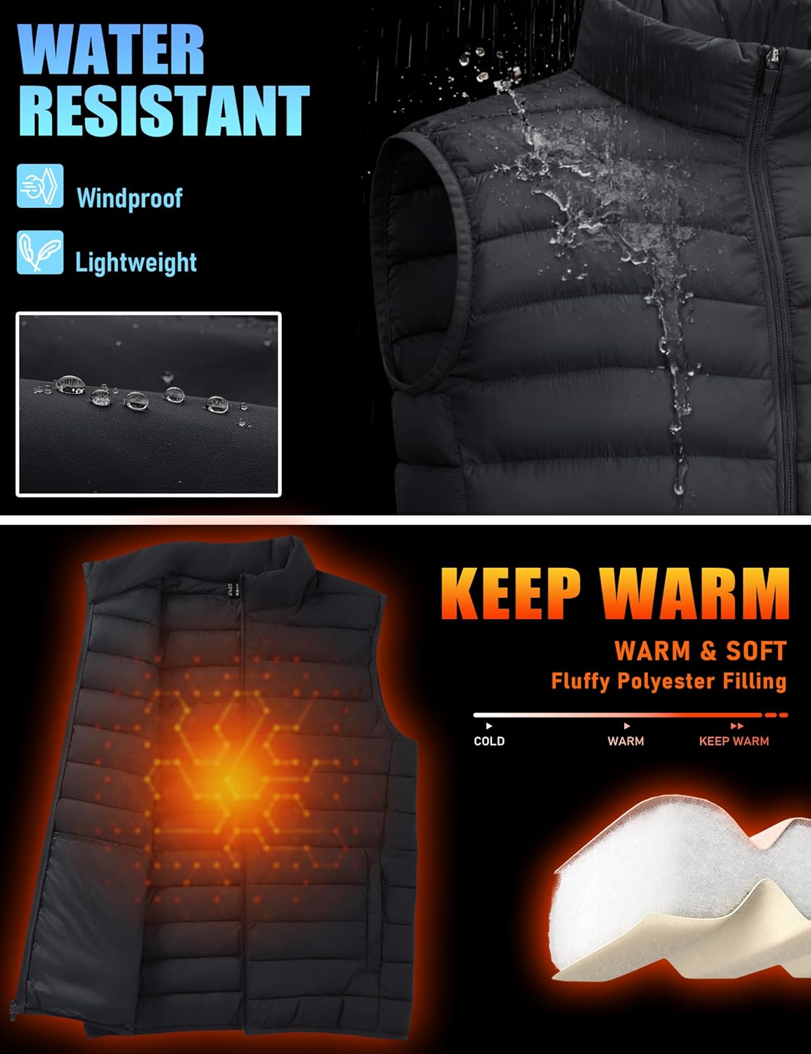 TACVASEN Men's Lightweight Packable Puffer Vest Outerwear Winter Water Resistant Sleeveless Jacket for Outdoor Golf Work - Image 3