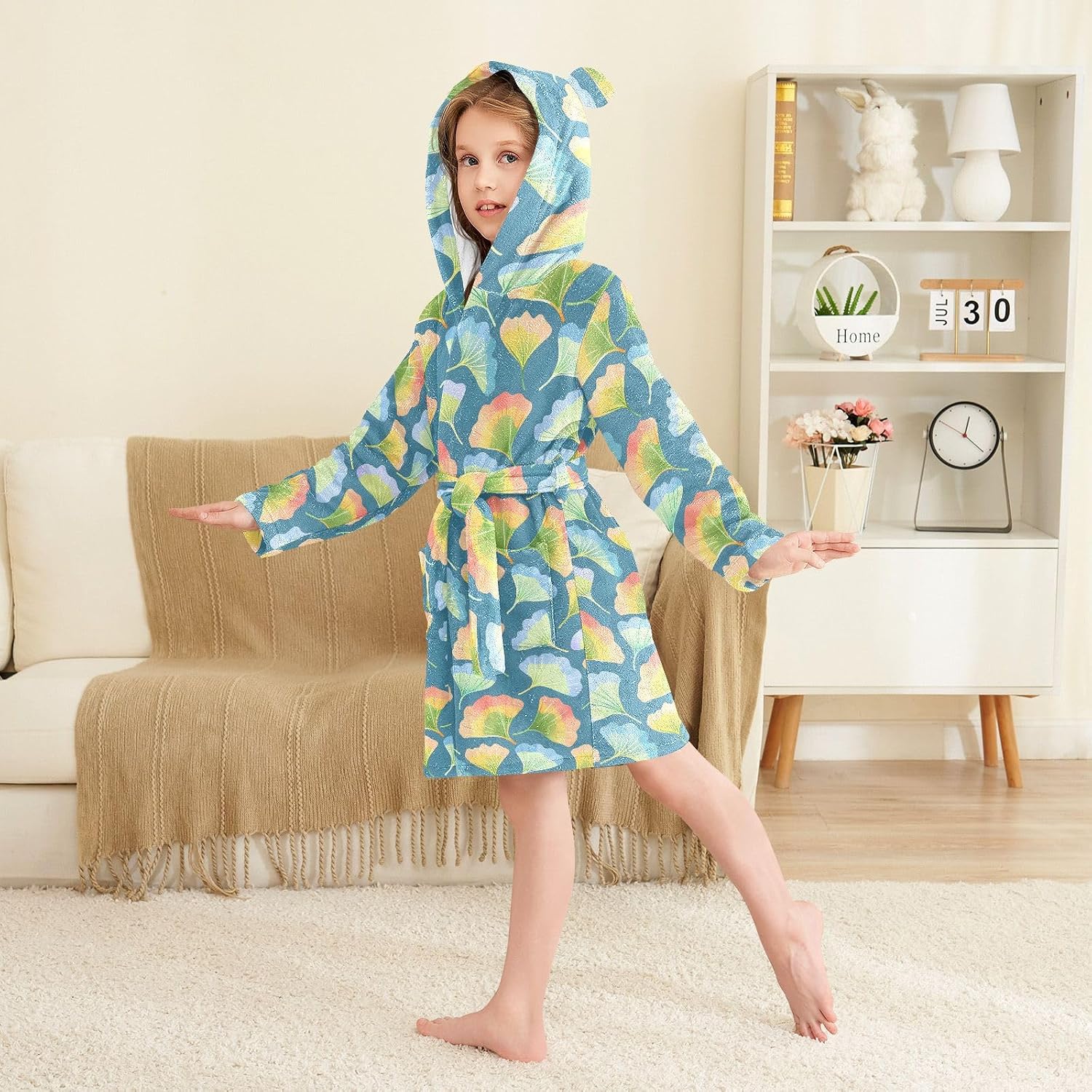 senya Ginkgo Biloba Leaves Colorful Toddler Hooded Bathrobe Kids Soft Plush Bath Towel Robes for Boys Girls 2-12 Years