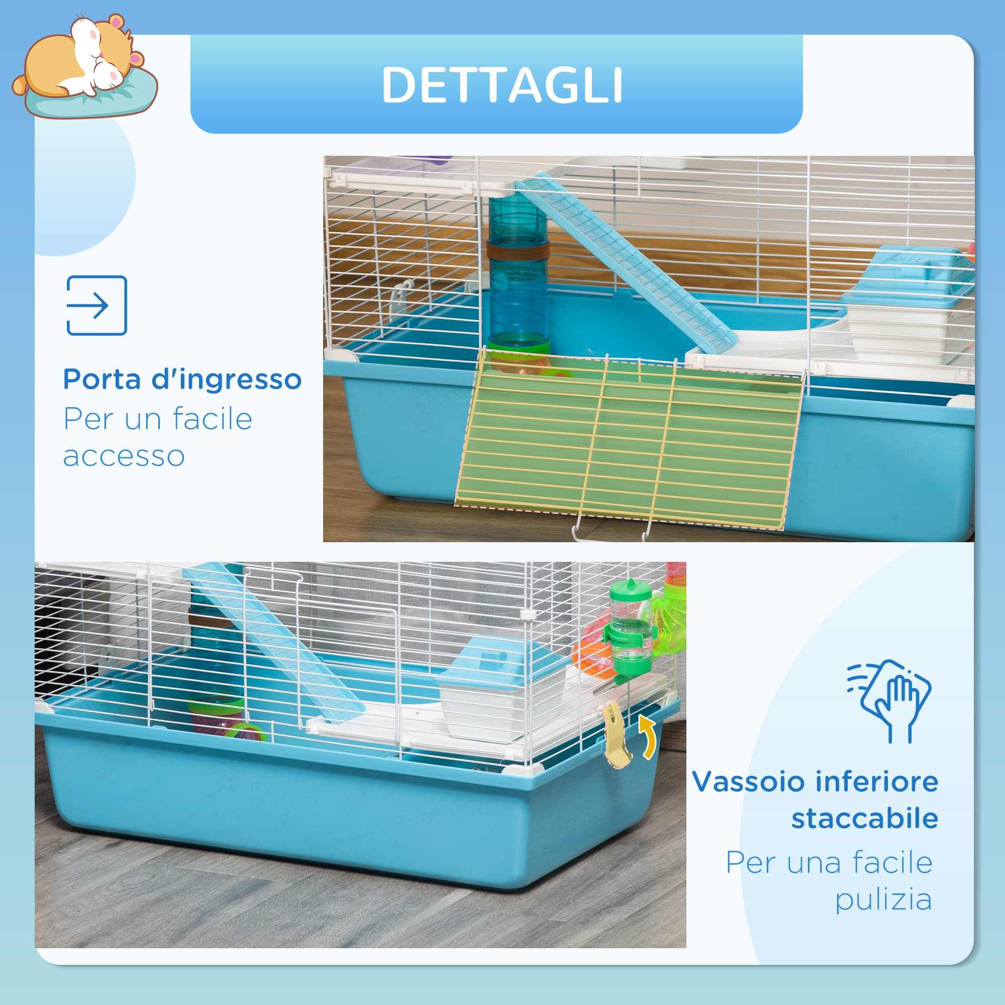 PawHut Gabbia per Criceti a 3 Livelli con Tubi, Casetta, Serbatoio dell'Acqua e Ruota, 59x36x47 cm, Azzurro e Bianco
