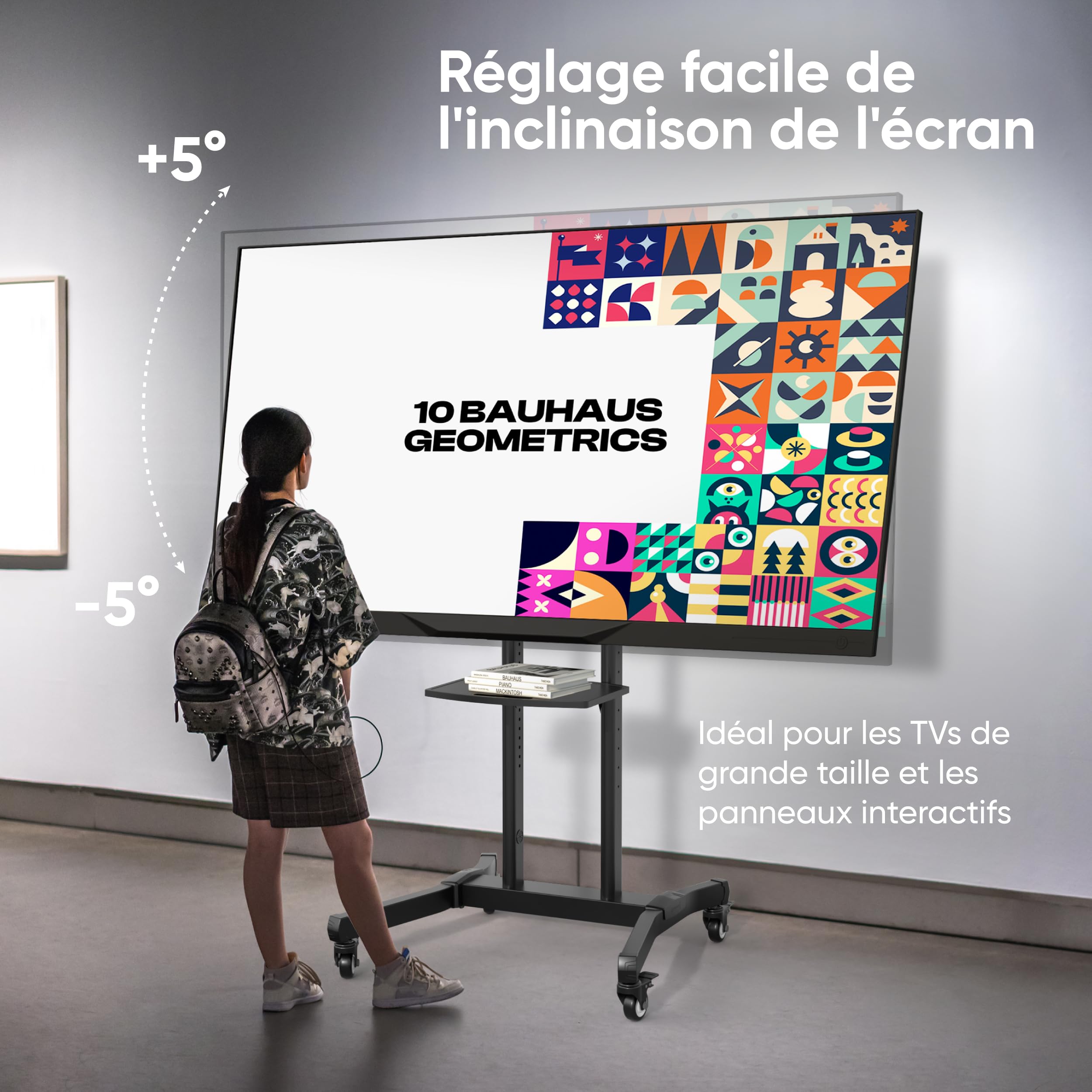 ONKRON Support TV roulettes 50" - 90", 90 kg, Max VESA 800x600, TS1891-B | Support TV mobile, inclinaison ±5°, hauteur réglable, roues sécurisées, tablettes, présentations, réunions et classes, noir