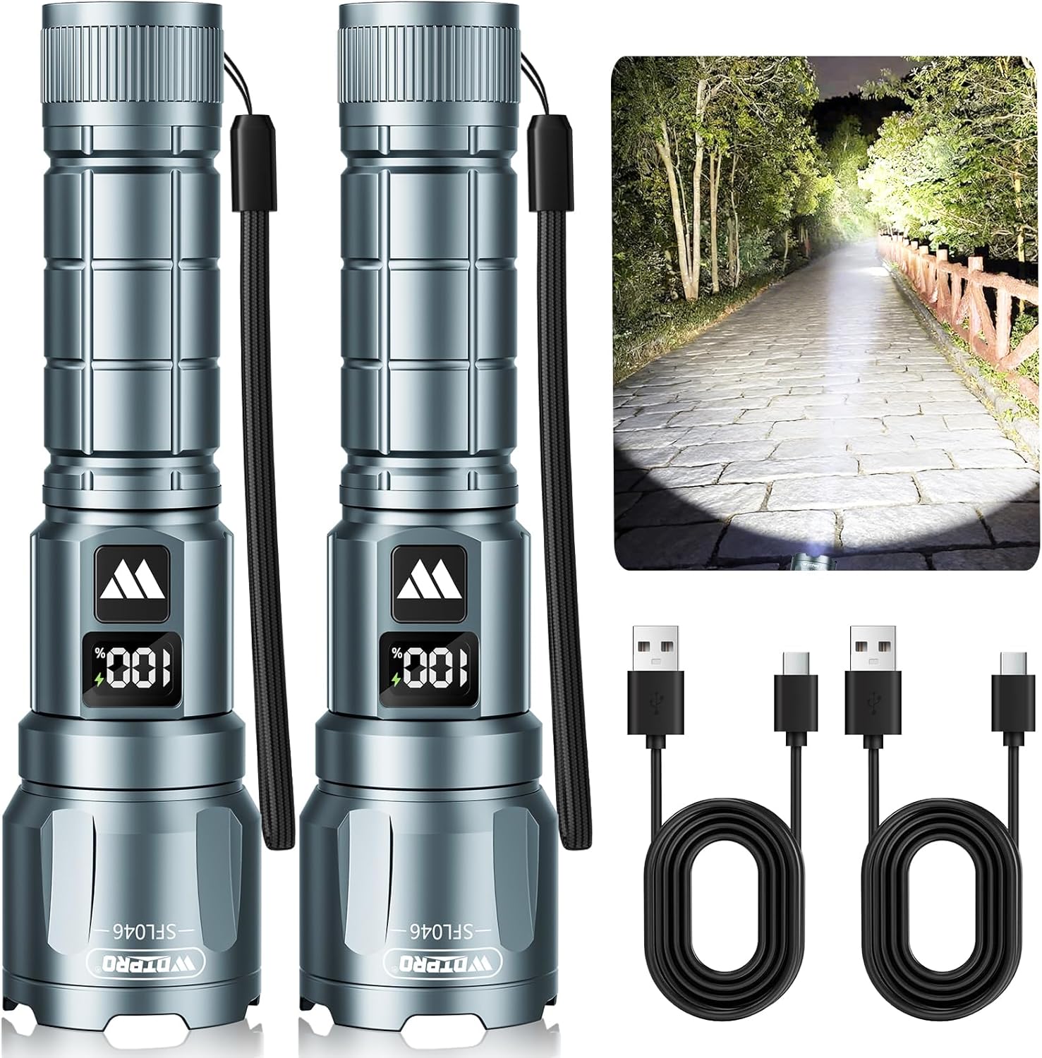 Wdtpro LED Rechargeable Flashlight 2Pack, 3Modes Super Bright High Lumens Flashlights, Zoomable Tactical Flashlight with LCD Display, IP65 Waterproof Flashlights for Home Emergency Camping & Gifts Men