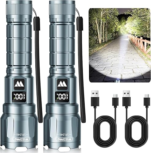 Miniatura 12 de WdtPro Linterna LED Recargable, Paquete de 2, Linterna Táctica Súper Brillante con Zoom de 6000 Lúmenes con Pantalla Digital LCD, Linterna Rojo