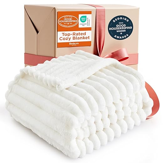 Bedsure GentleSoft White Throw Blanket for Couch - Cozy Blanket for Women, Cute Fleece Throw for Girls, Christmas Birthday Gifts for Women Men Teen, Room Home Boho Fall Decor, Off White, 50x60 Inches