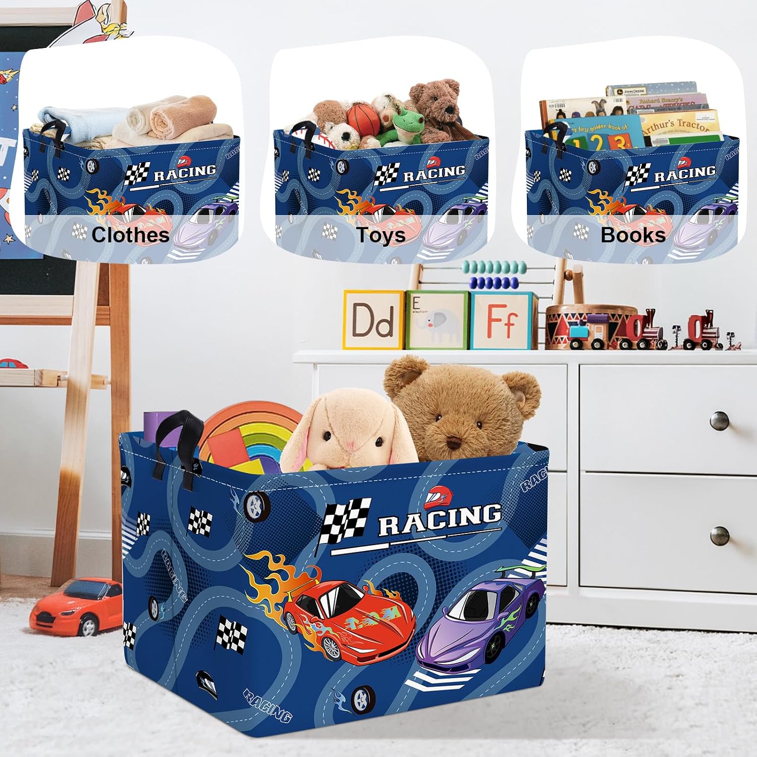 Racing Car Baby Storage Basket Collapsible Clothes Kids Laundry Hamper Large Flag Track Boys Gift Toy Box Bin for Playroom, Blue, 36L