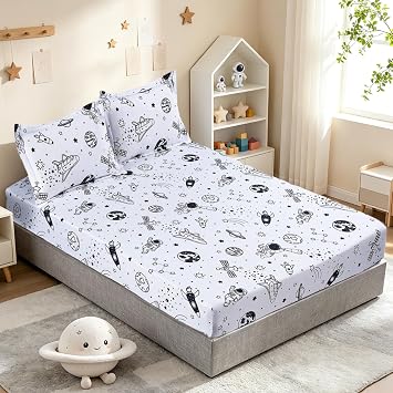 MAG 3Pcs Space Sheets Queen,White Galaxy Planets Fitted Sheets,Super Soft Microfiber,for Kids Teens Boys Girls with 1 Fitted Sheet 14 Deep Pocket and 2 Pillowcases.