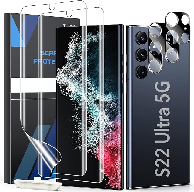 LK 4 Pack Screen Protector Compatible with Samsung Galaxy S22 Ultra 5G, 2pcs Screen Protector & 2pcs Camera Lens Protector HD Clear TPU Film, Easy Frame Installation, Case Friendly (Transparent)